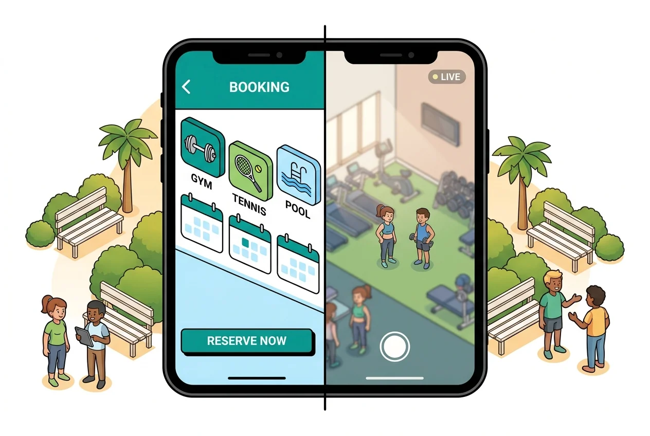 Mobile fitness app interface with live gym camera feed for 'look before you leave' functionality.