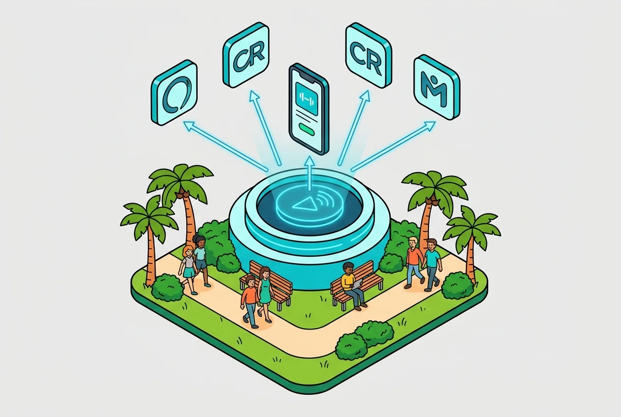 Integration flow diagram showing gym management systems connecting to a live view platform and then to a fitness mobile app.