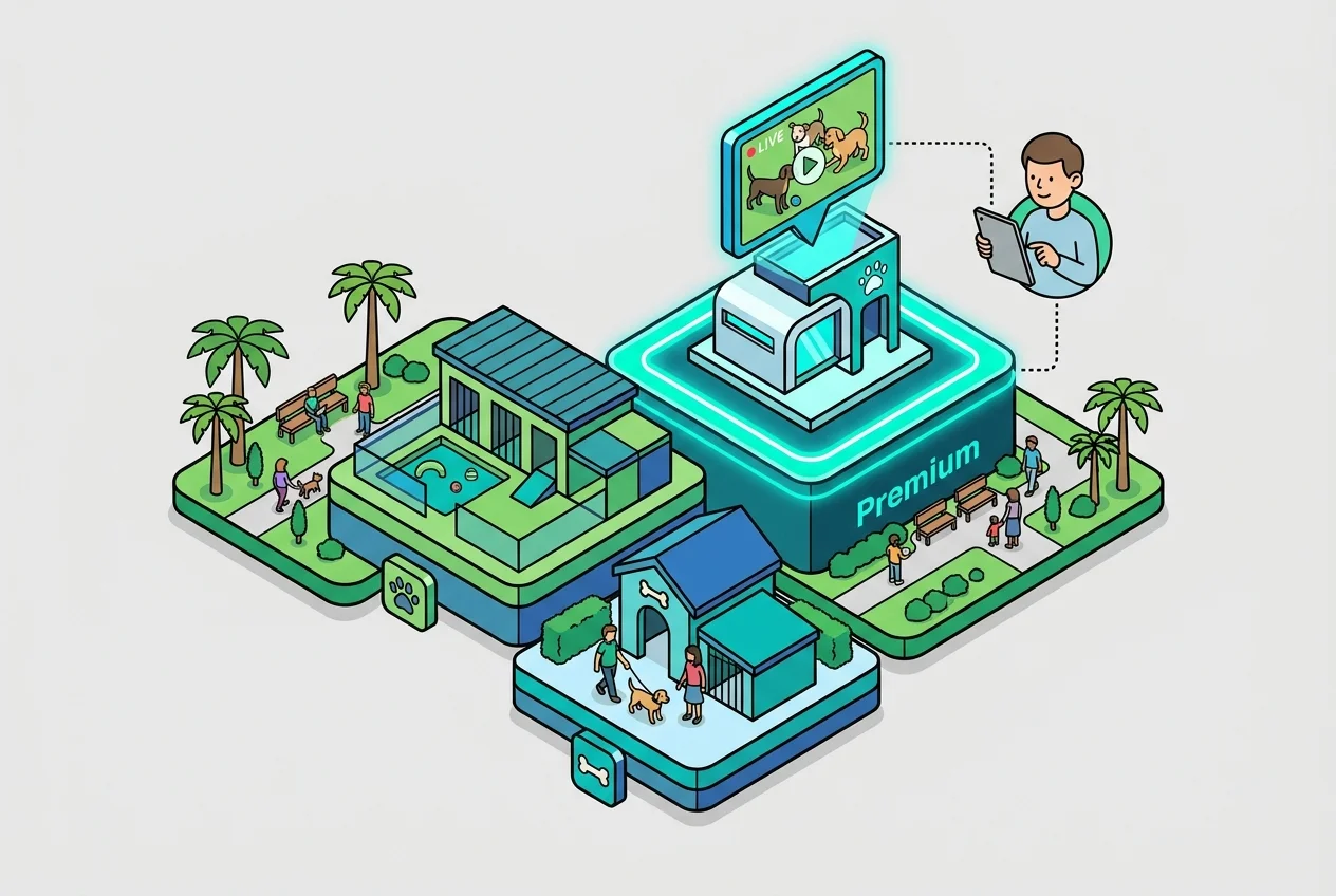 Infographic showing tiered pet boarding pricing, with live camera access as a premium feature.