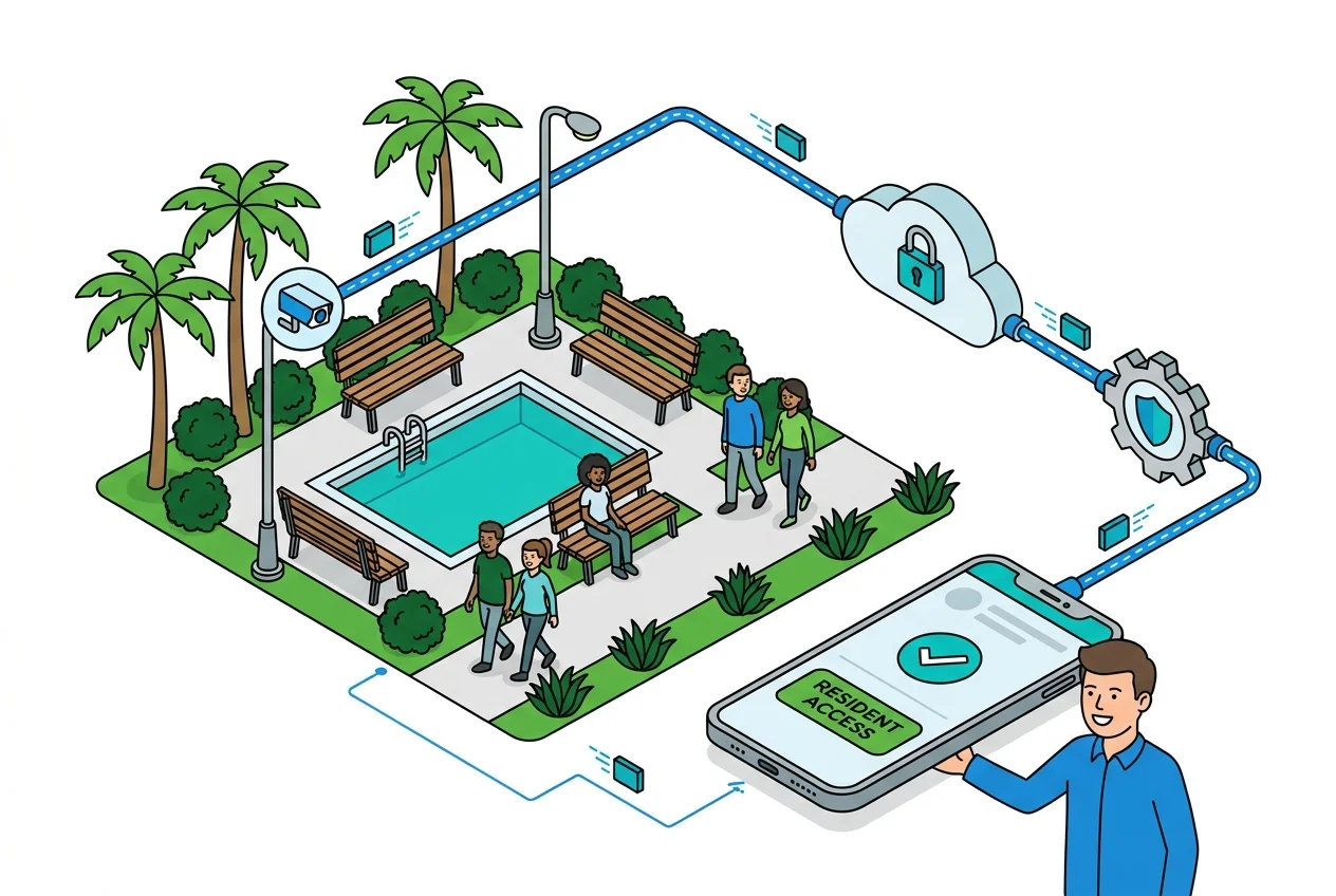 Diagram showing secure data flow from amenity camera to resident app.