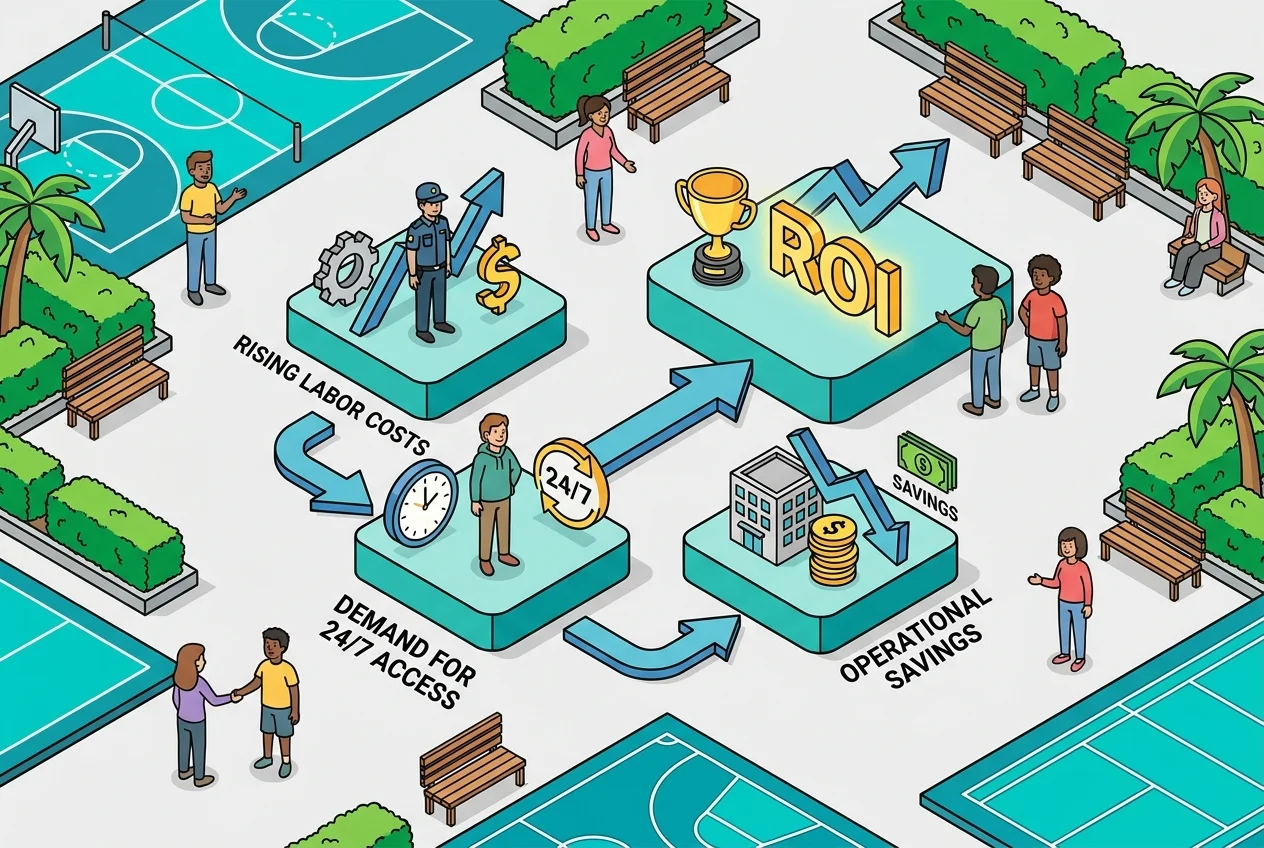 Infographic showing economic drivers for unmanned sports facilities and increased ROI.