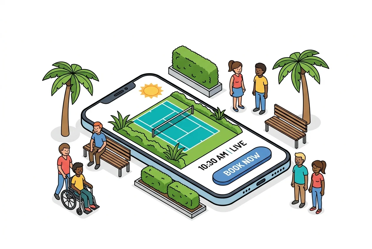 Mobile app screen showing a live view of an available tennis court for booking.
