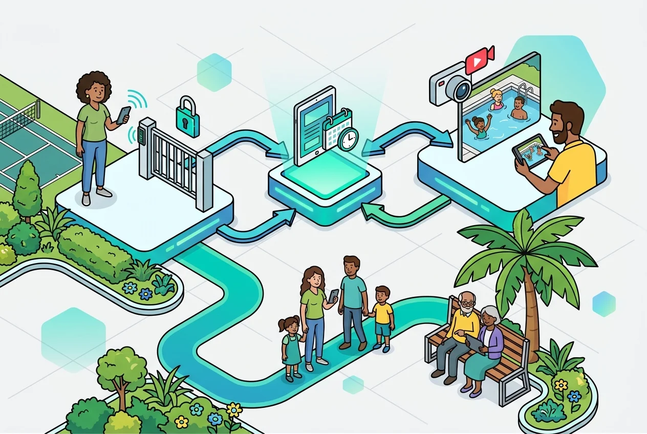 Integration diagram of smart booking, access control, and live amenity viewing systems.