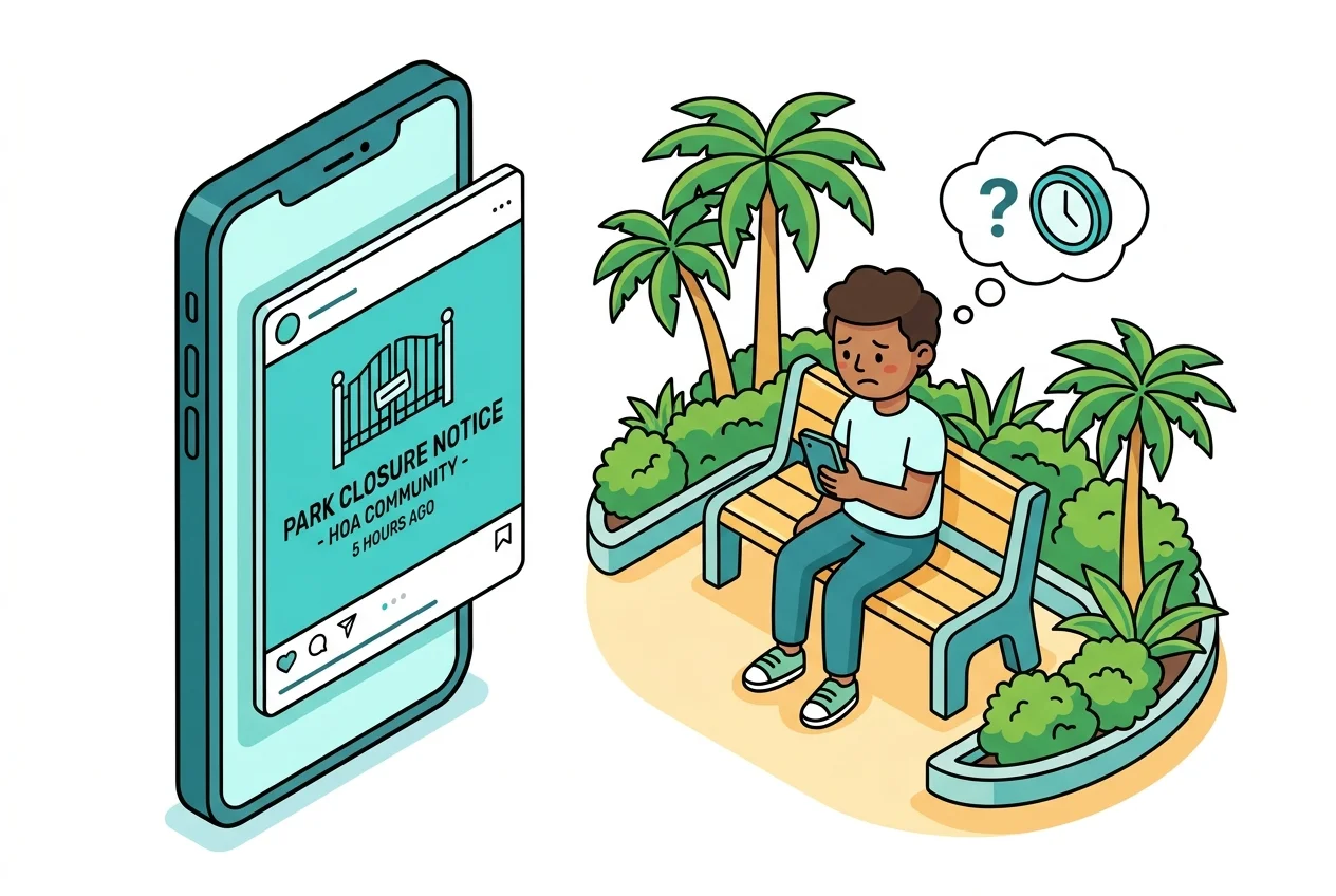 Illustration of a person looking disappointed at an old 'Park Closed' social media update on their phone, depicting the inadequacy of current communication.