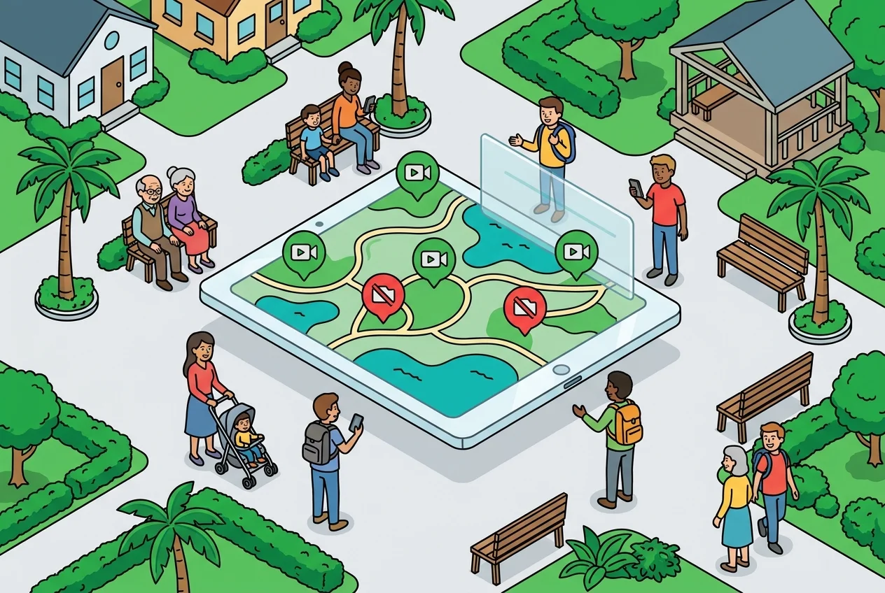 Screenshot of a regional park map interface with live camera feeds showing real-time availability using green and red indicators for different park entrances and trails.
