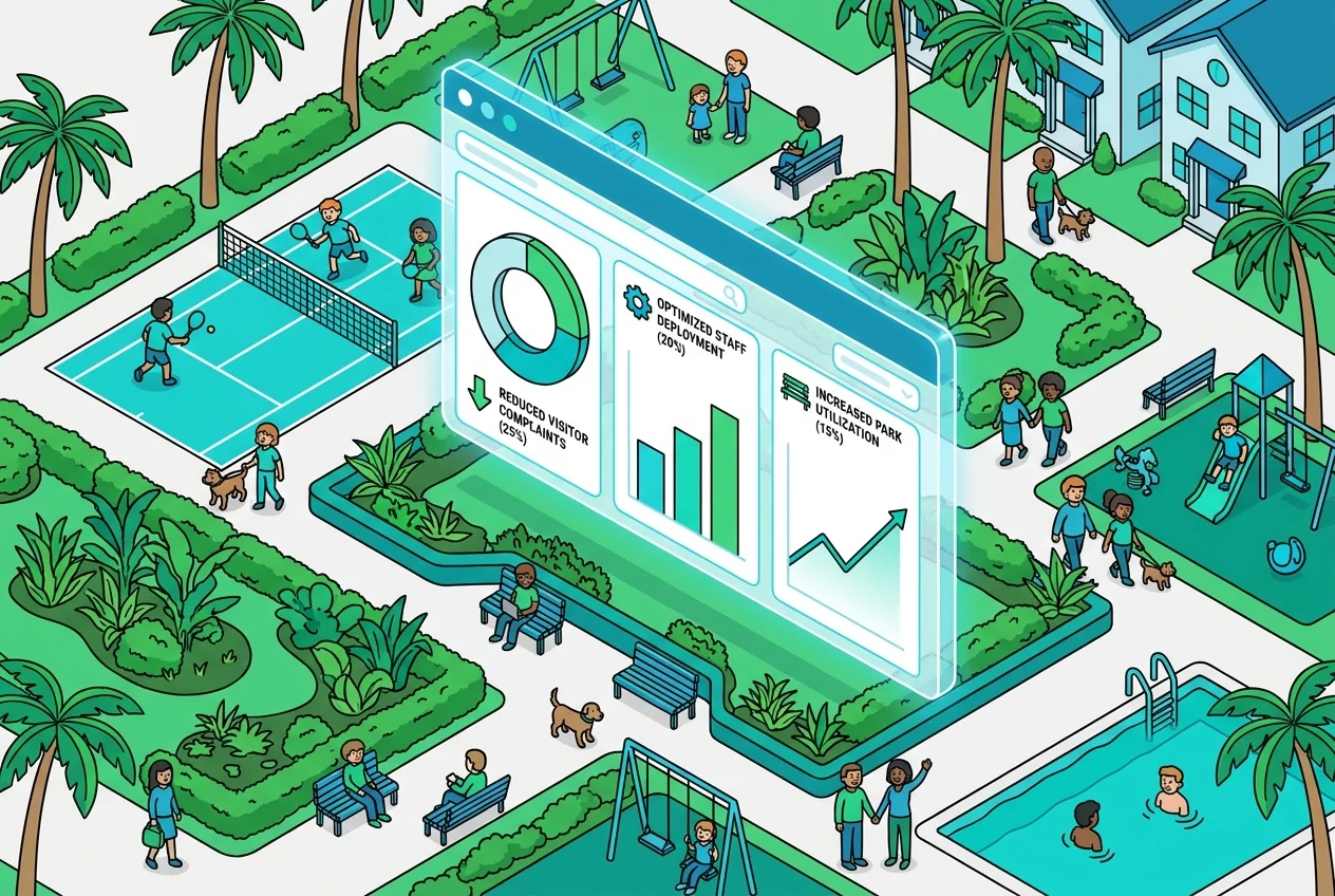 Illustration of a data dashboard showcasing positive metrics such as reduced visitor complaints, optimized staff time, and improved park utilization, demonstrating the return on investment of new technology.