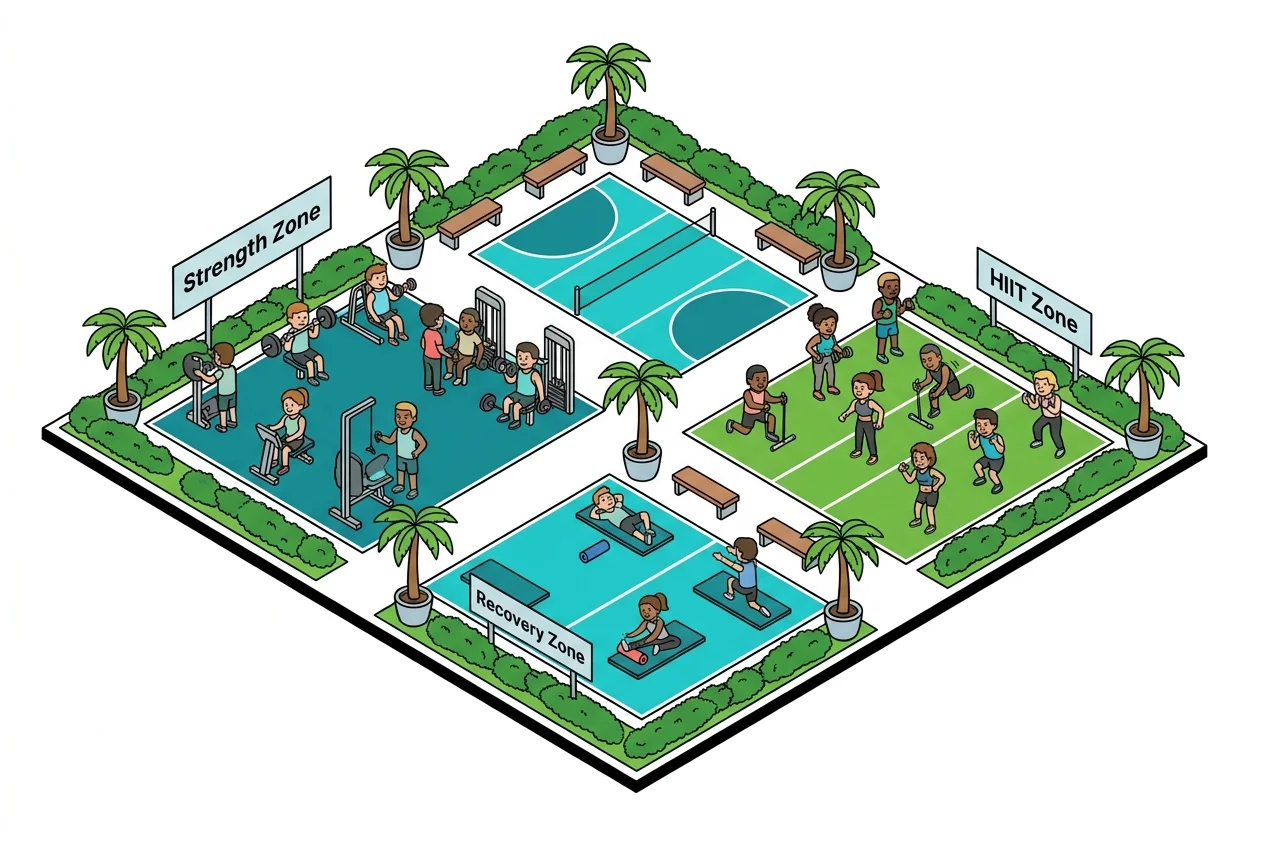 Detailed multi-zone gym floor plan showing distinct strength, HIIT, and recovery zones