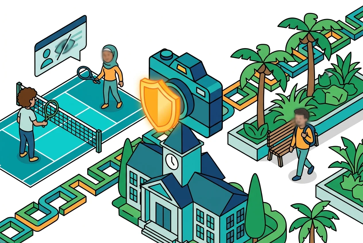 Abstract illustration of privacy protection with a blurred gym scene and a privacy shield icon