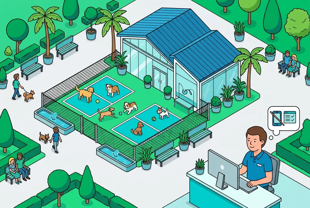 Modern dog boarding facility with happy dogs and efficient front desk staff, showcasing improved operations.