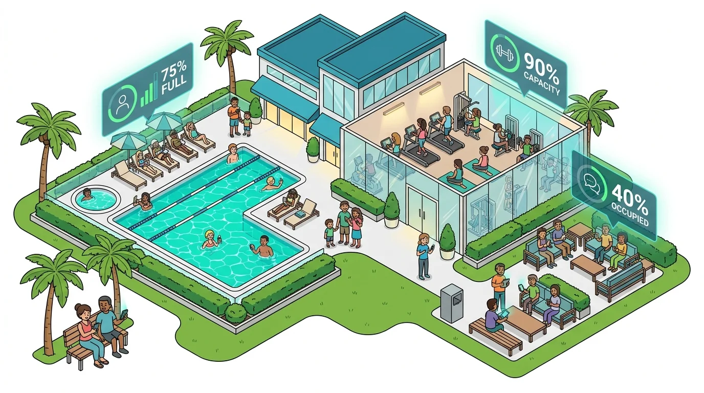 Hero image: Busy HOA clubhouse and fitness center with live capacity indicators, residents checking amenity status on mobile devices.