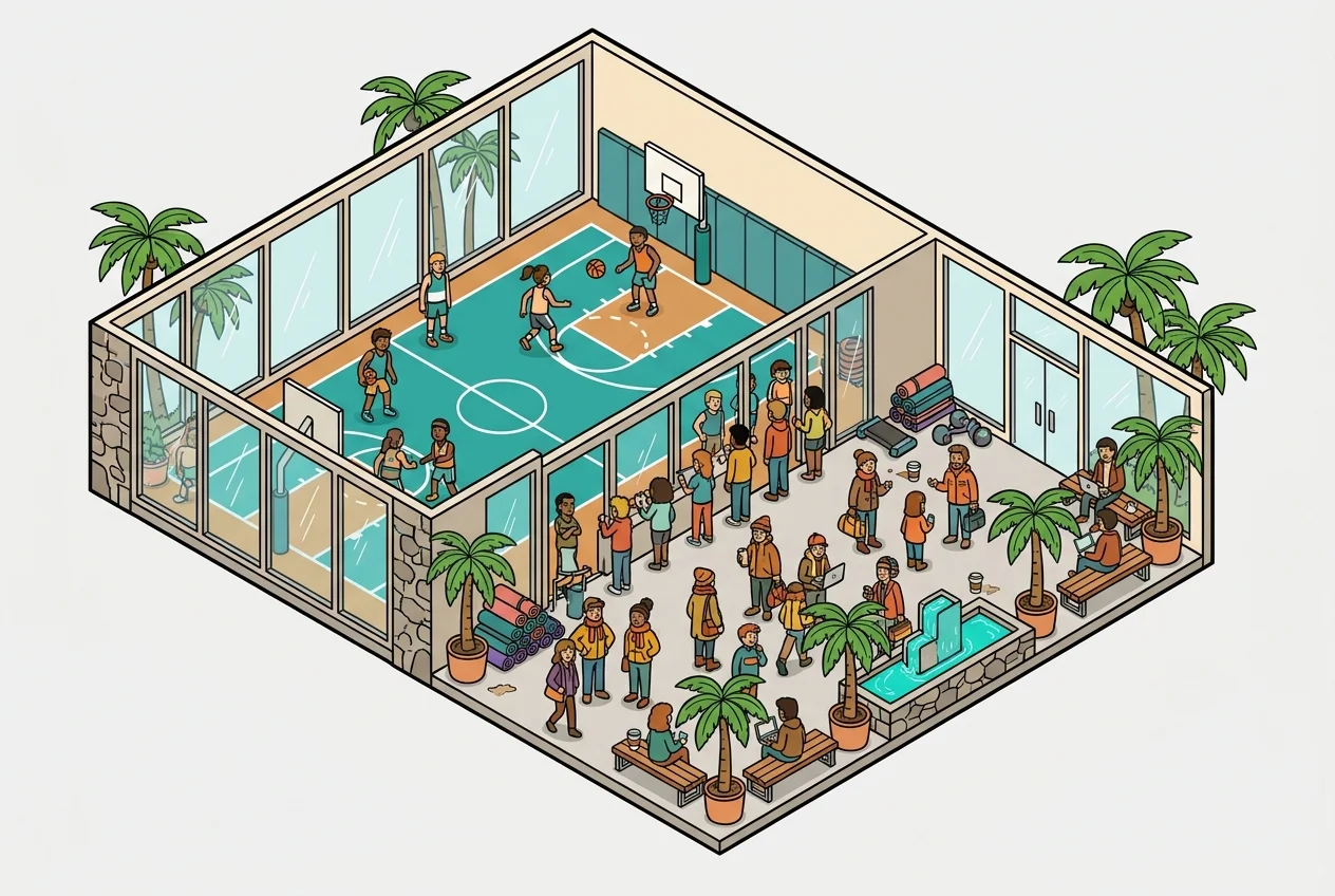 Crowded indoor HOA fitness center and clubhouse, illustrating fall amenity congestion.