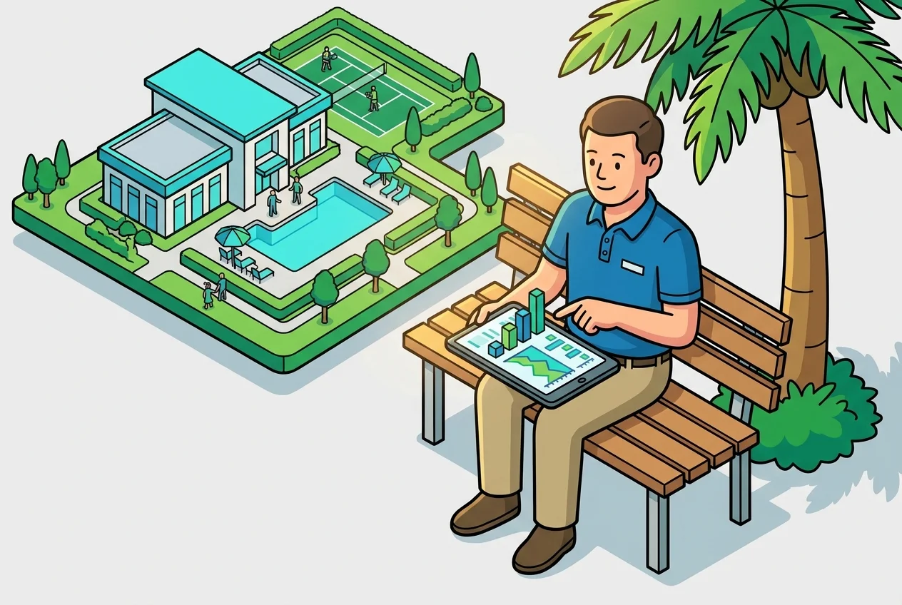 Property manager analyzing a digital dashboard with real-time HOA amenity usage data for clubhouse management.