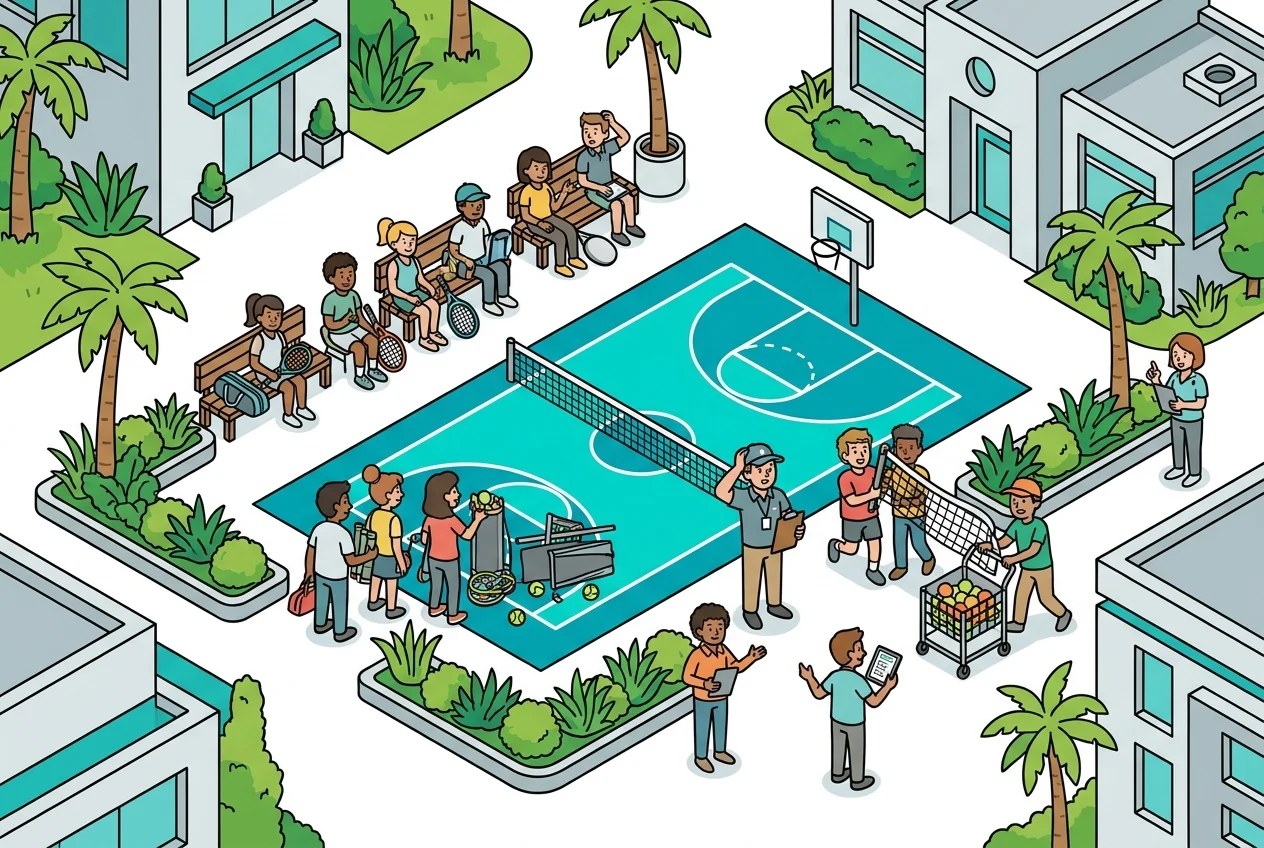 Busy sports court during a transition, with people waiting and equipment being swapped, illustrating scheduling challenges.