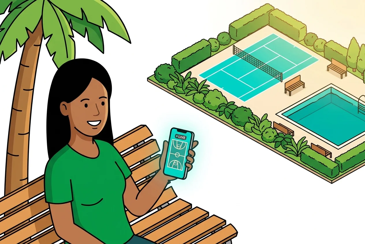 Person using a smartphone to view a live camera feed of an empty sports court, highlighting convenience and preventing wasted trips.