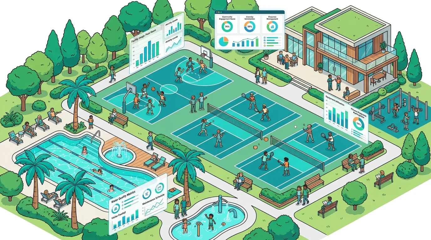 Aerial view of a busy community park with integrated data visualizations, symbolizing data-driven park planning.