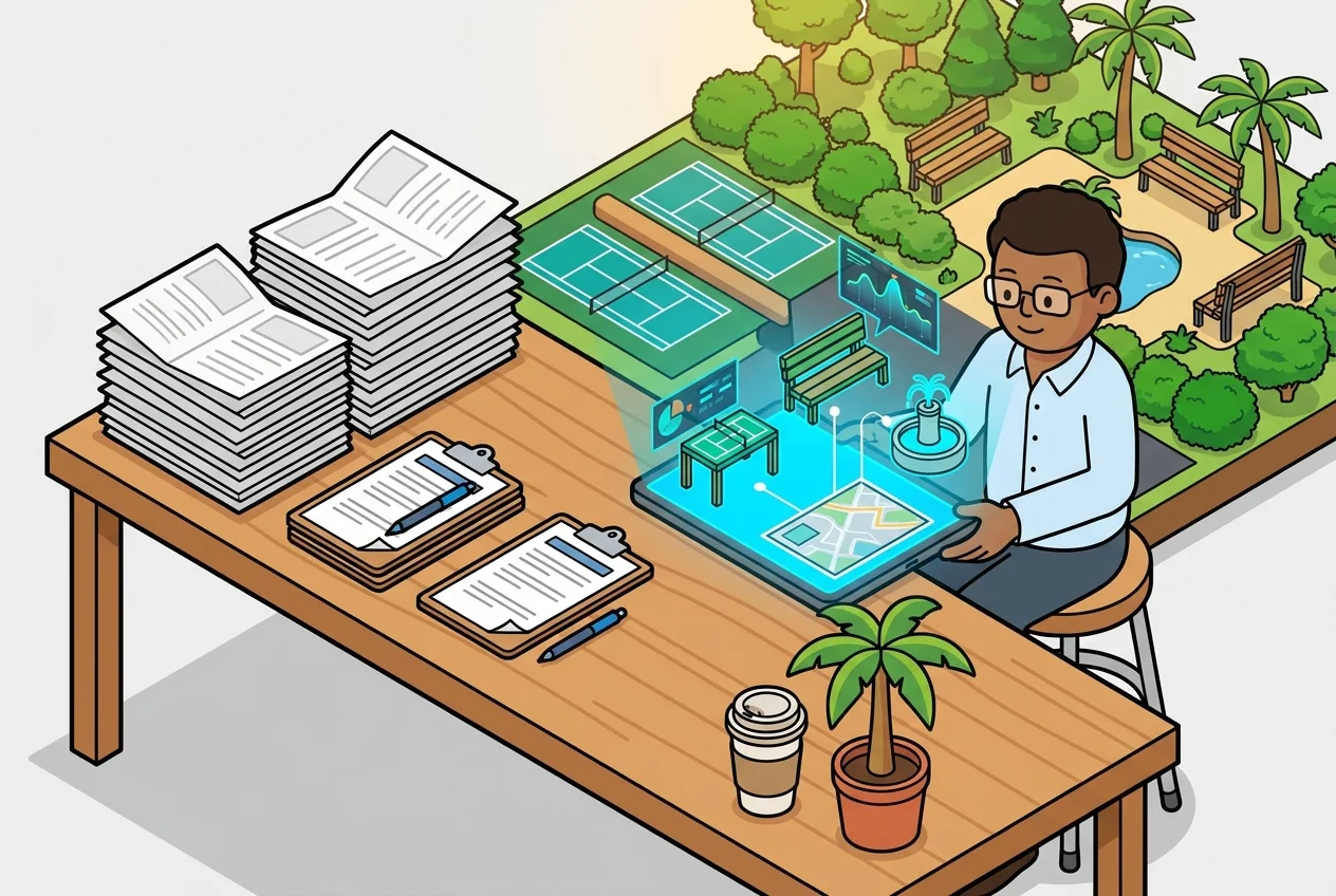 Visual representation of the shift from traditional paper-based park planning to modern digital and data-driven methods.
