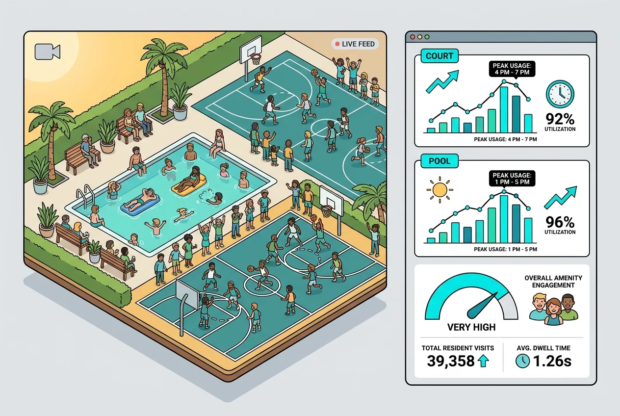 Live amenity camera view showing high utilization of a park facility alongside a data dashboard justifying capital improvement.